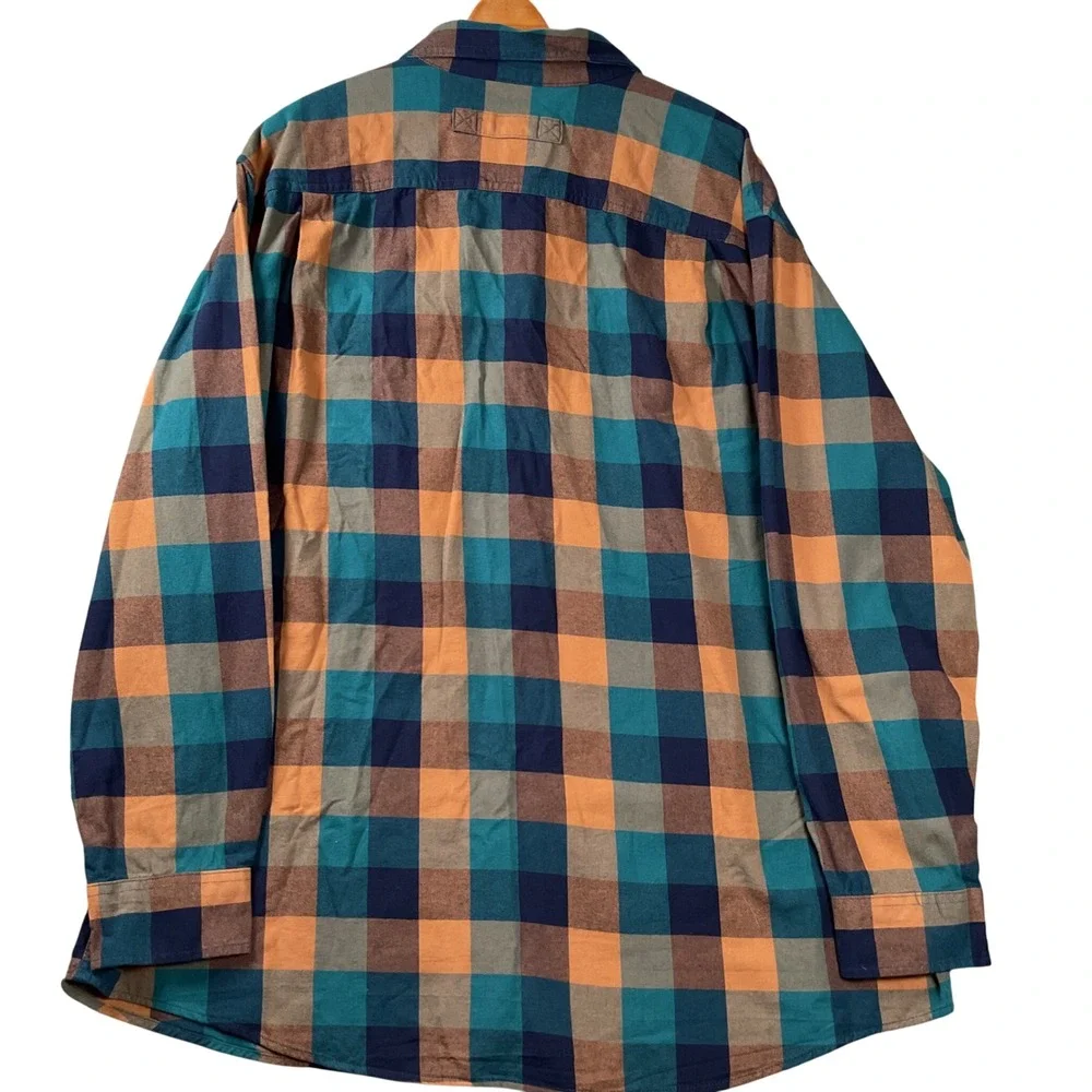 Duluth Trading Co Button Down Mens 2XL Tall Teal Orange Plaid Relaxed Fit Shirt